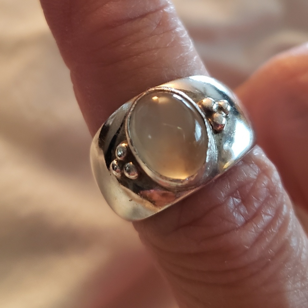 Wide band Sterling Silver peach moonstone ring